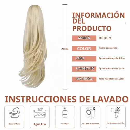 Vista 3 de Extensiones de cola de caballo, extensiones de cabello rubio con clip de garra de 18 pulgadas para mujer, pieza de cabello lacio, sintético