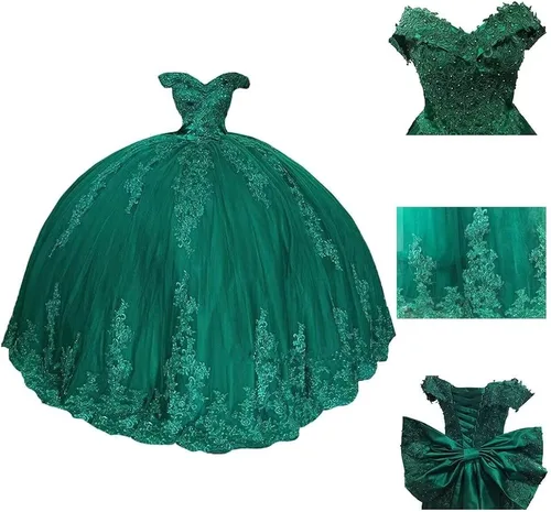 Vista 4 de Youjiayi Vestidos de quinceañera con hombros descubiertos para mujer, vestido largo de tul con lazo de tul 2022, vestidos de baile de encaje