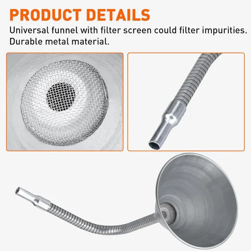 Vista 3 de Embudo universal de acero flexible con filtro y tubo flexible, galvanizado para todos los aceites automotrices, combustible diesel y otros líquidos