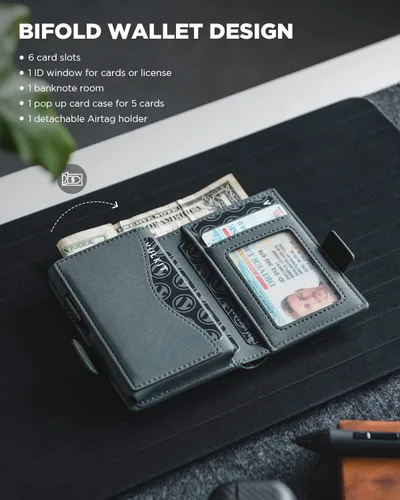Vista 4 de VULKIT Cartera con tarjetero con soporte para Airtag y ventana de identificación, billetera de cuero desplegable con bloqueo RFID, cierre magnético