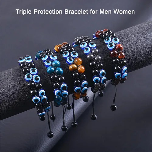 Vista 7 de LipLopBest 2 pulseras de triple protección para hombres y mujeres, ojo de tigre y obsidiana negra de 0.315 pulgadas, pulsera curativa para traer