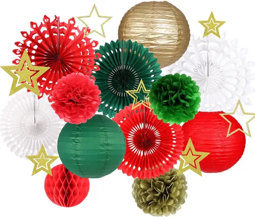 Vista 8 de Decoraciones de fiesta de Navidad, pancarta de Feliz Navidad, panal de abeja, sombreros de Papá Noel, árboles, copos de nieve, abanicos de papel