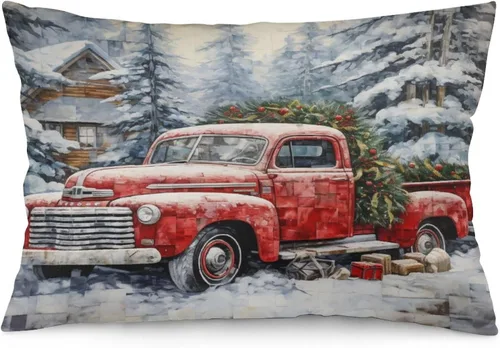 Vista 33 de Protector de almohada de árboles de pino de Navidad rojo y verde de 12 x 20 pulgadas, funda de cojín de vacaciones de invierno, funda de almohada