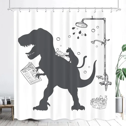Vista 21 de LGhtyro Juego de Cortina de Ducha Divertida de Dinosaurio para Baño Pequeño 36Wx71H Pulgadas Dibujos Animados Niños Silueta de Dino Sombra de Animal