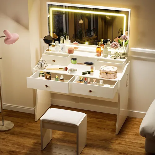 Vista 11 de COMHOMA Escritorio de tocador de maquillaje con espejo y luces, juego de mesa de tocador y silla con 5 cajones y estación de carga, cómoda