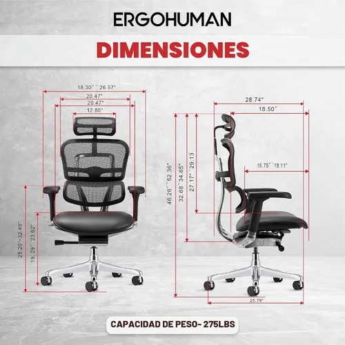 Vista 3 de Ergohuman Eurotech LEM4ERG - Silla de oficina ejecutiva de malla con respaldo alto con asiento de cuero, control de tensión de inclinación, bloqueo