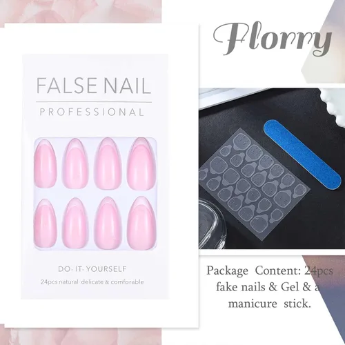 Vista 7 de Florry Uñas postizas cortas a presión para el día de San Valentín, uñas postizas cortas con corazón rosa para mujer, uñas postizas de almendra