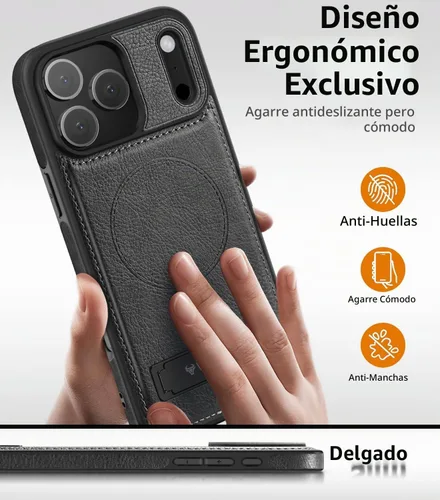 Vista 5 de WTCASE Funda magnética de piel para iPhone 17 Pro, soporte invisible integrado [compatible con Magsafe], funda protectora delgada con función atril