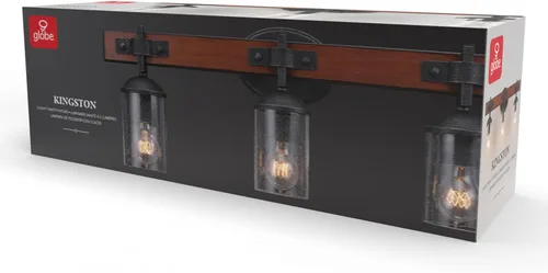 Vista 8 de Globe Electric 51854 Kingston - Lámpara de tocador de 3 luces, madera sintética oscura, detalles de metal galvanizado, pantalla de vidrio sembrado