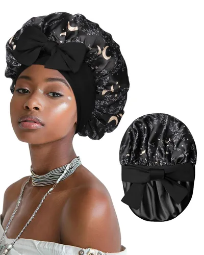 Vista 16 de Gorro de satén para mujeres, gorros de seda para dormir, gorro para cabello rizado con banda elástica con lazo, reversible de doble capa, gorro