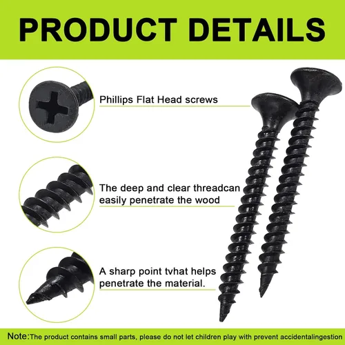 Vista 3 de Tornillos para madera negros #6 de 1-5/8 pulgadas, 100 unidades, tornillo autorroscante plano rápido Phillips, tornillos para paneles de yeso
