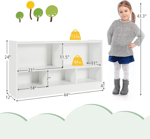 Vista 28 de MEDIMALL Organizador de almacenamiento de juguetes para niños de 5 cubos, estante de almacenamiento de madera de 2 niveles para libros y juguetes
