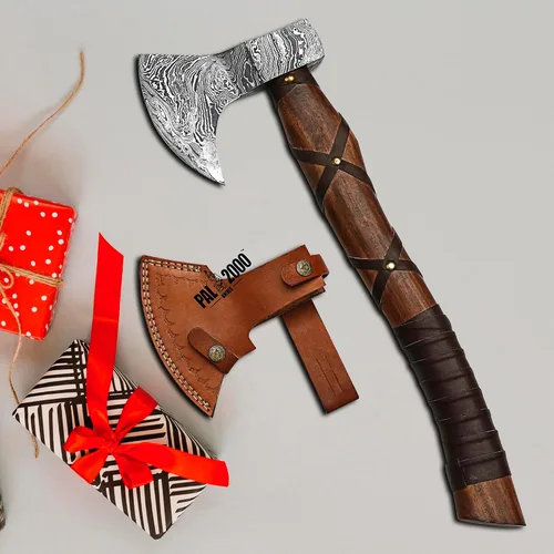 Vista 4 de AX-9436 - Hacha vikinga de acero de Damasco forjada para regalo personalizado de 18 pulgadas, con eje de madera de rosa, hacha de camping barbuda