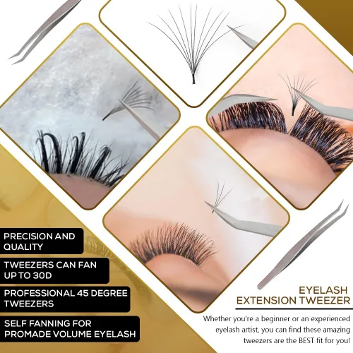 Vista 5 de Kit de extensión de pestañas – Pinzas de precisión de ángulo de 45 grados para pestañas – Pinzas en ángulo para pestañas 3D y 6D – Pinzas