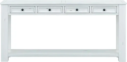 Vista 9 de JIVOIT Mesa consola rústica y elegante, mesa de consola rectangular de madera con cajones de almacenamiento y estante inferior para entrada Blanco