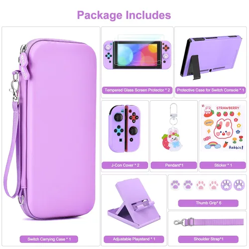 Vista 4 de Younik Switch Accessories Bundle, 17 in 1 Purple Switch Accessories Kit for Girls Include Switch Carrying Case, Adjustable Stand, Protective Case
