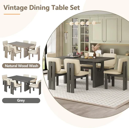 Vista 5 de Merax Juego de comedor retro de 7 piezas para 6, mesa rectangular de madera de goma con base de caballete diseñada y 6 sillas tapizadas para comedor