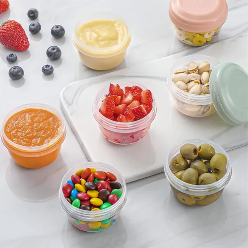 Vista 3 de Paquete de 8 recipientes de plástico reutilizables con tapas, recipientes pequeños de 4 onzas para aperitivos, puré, aderezo y congelador, aptos