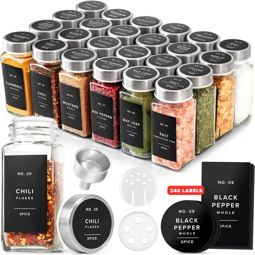 Vista 12 de EDELHAUS Tarros de especias de vidrio con etiqueta y tapas negras (36 x 4 onzas), recipientes para especias con 240 etiquetas, insertos