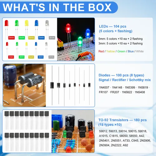 Vista 8 de Kit de 1530 piezas de componentes electrónicos – Set de inicio para laboratorio electrónico 830-Tie Breadboard, resistencias de película metálica