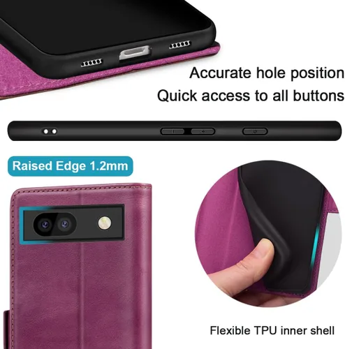 Vista 5 de KEZiHOME Funda para Google Pixel 7A, funda tipo cartera de piel auténtica con tarjetero [bloqueo RFID] Funda protectora resistente con función atril