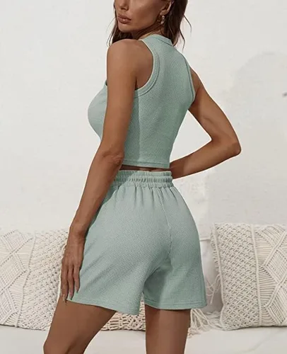 Vista 5 de Ifoqixu Conjunto de 2 piezas para mujer, camiseta corta sin mangas y pantalones cortos con bolsillos, pijama de punto acanalado
