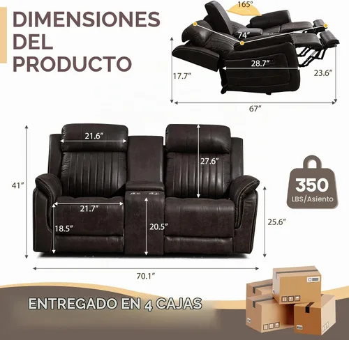 Vista 2 de Sofá biplaza reclinable eléctrico Zero Gravity con reposacabezas ajustables, sillón reclinable eléctrico con consola, sofá reclinable eléctrico de 2