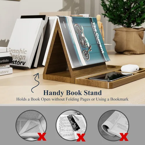 Vista 4 de NiHome Soporte de madera de bambú para libros con diseño triangular para apoyar libros en la columna vertebral, organizador multiusos con acabado