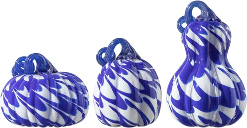 Vista 2 de Glitzhome Calabaza de cristal soplada a mano 3pcs Calabaza de cristal de otoño, azul/blanco
