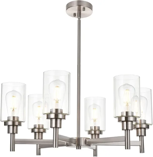 Vista 13 de Lámpara de araña de cristal de 4 luces estilo granja, negra, para cocina, iluminación colgante con cilindro de cristal transparente para comedor