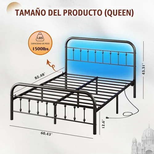 Vista 2 de WLIVE Marcos de Cama Queen, Marco de Cama Queen con Cabecero, Marco de Cama Tamaño Queen con Luces LED y Estación de Carga, No Requiere Somier