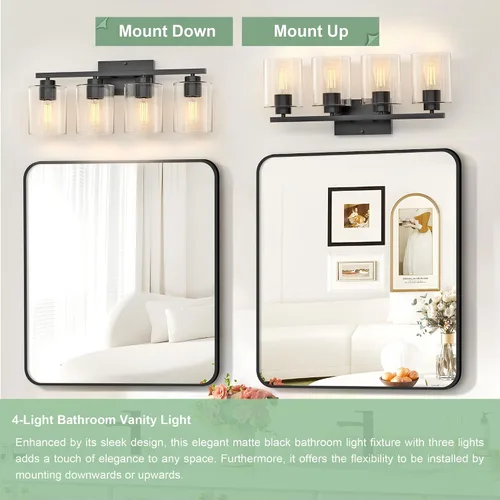 Vista 4 de Honesorn Lámparas de baño de 4 luces, luz de tocador de baño, color negro mate, accesorios de iluminación modernos con pantalla de vidrio