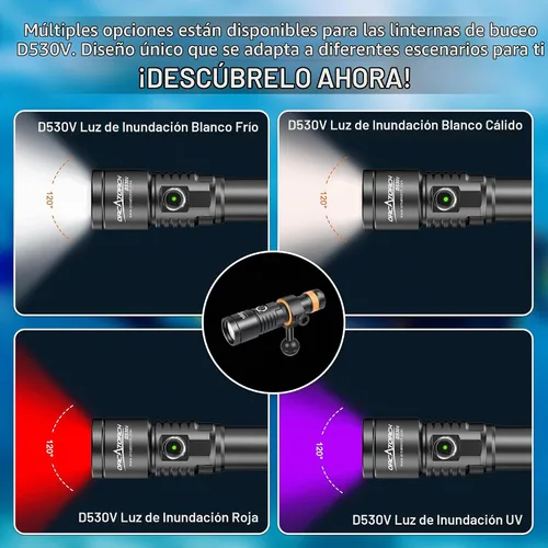Vista 9 de ORCATORCH D530V 1200 lúmenes luz de video subacuática, haz súper ancho de 120°, 2 modos con indicador de batería, rótula ZJ18, IP68 impermeable Luz