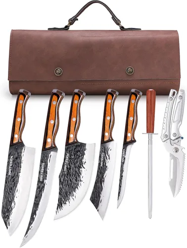 Vista 8 de Naitesen 4 piezas de cuchillo de carnicero forjado a mano y cuchillo de cocina 2 en 1, juego de cuchillo de chef serbio resistente para carne
