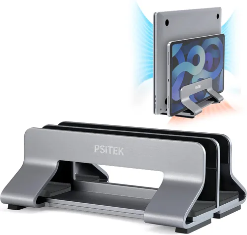 Vista 10 de Soporte vertical de aluminio para computadora portátil, soporte de acoplamiento con ancho de ranura ajustable de 12-42mm, almacenamiento vertical