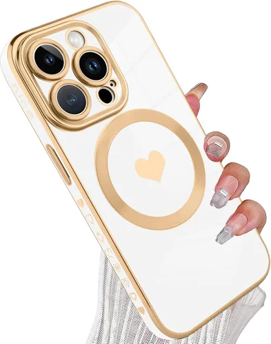 Vista 82 de tharlet Funda Magnética para iPhone 11 [Compatible con Magsafe] Lindo Corazón de Amor de Lujo Chapado Borde Dorado Parachoques con Lente de Cámara