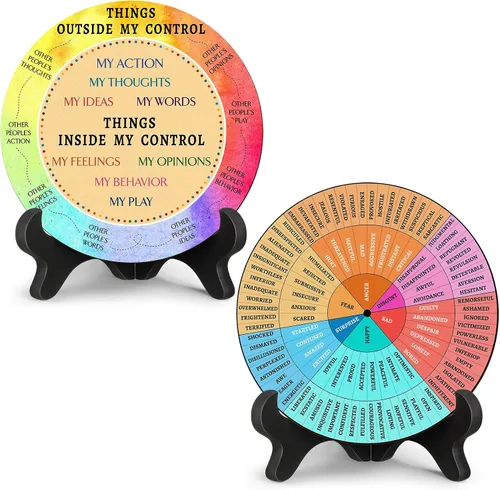 Vista 10 de 2 piezas de decoración para escritorio de oficina de terapia de rueda de sentimientos, cosas que puedo controlar, gráfico doble cara de emociones