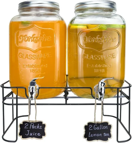 Vista 7 de Despachador de bebidas de vidrio de 1 galón para fiestas, paquete de 2, dispensador de jugo, limonada, té helado y agua con soporte, dispensadores