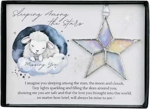 Vista 9 de Regalo de duelo por pérdida infantil para mamá - Estrella de vidrio emplomado iridiscente hecha a mano con sentimiento de estrella durmiente