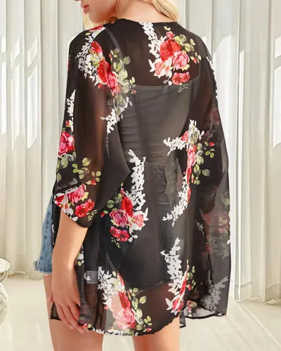 Vista 3 de Cárdigan estilo kimono con estampado floral para mujer, con mangas abullonadas, blusa informal, salida de baño