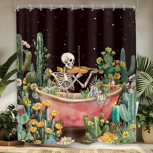 Vista 11 de Cortina de Ducha Divertida de Calavera Esqueleto de Halloween 60Wx72H Gótica Espeluznante Única Genial Hueso en Bañera Burbujas Horror Gato Pez