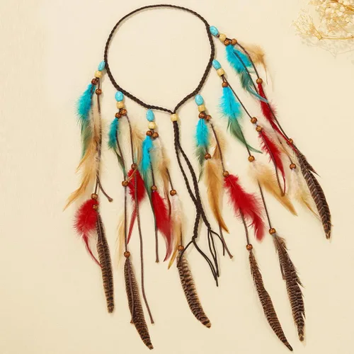 Vista 2 de GORTIN Diadema de plumas bohemias, tocado hippie, disfraz indio gitano, accesorio bohemio para el cabello para mujer (A-azul + rojo)