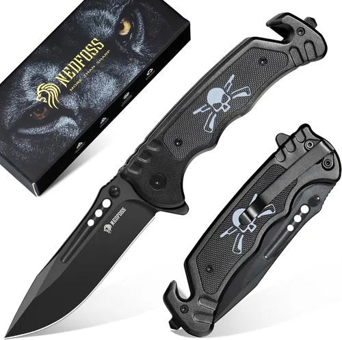Vista 7 de NedFoss GRIZZLY Cuchillo de bolsillo, hoja de acero 8Cr14Mov de 3.5", cuchillo táctico 3 en 1 con rompecristales, cortador de cinturón, mango