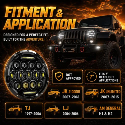 Vista 7 de JHLion - Faros delanteros LED de Jeep Wrangler, 7 pulgadas para Jeep Wrangler JK/TJ/LJ 1997-2020, 150W, faros redondos LED aprobados por DOT, 500%
