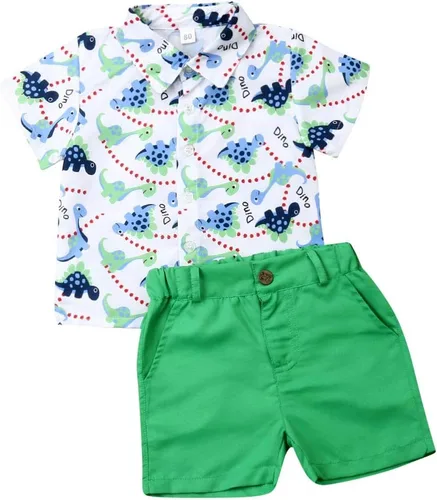 Vista 8 de Conjunto de camisa de manga corta con botones y pantalones cortos casuales con diseño de flamingo, para bebés y niños de 1 a 6 años, atuendos