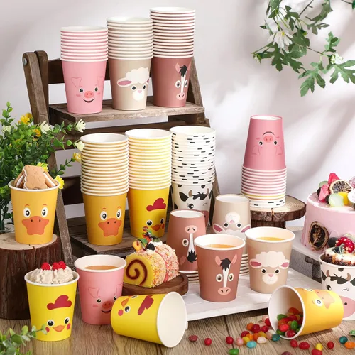 Vista 4 de Maxcheck 120 tazas de decoración de cumpleaños de animales de granja, vasos de papel desechables de 9 onzas, lindo bebida, cerdo, oveja, pollo