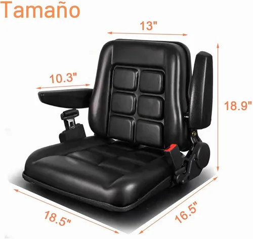 Vista 2 de Asiento universal ajustable para carretilla elevadora con cinturón de seguridad y reposabrazos, respaldo ajustable y riel deslizante Asiento