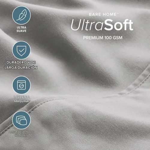 Vista 3 de Bare Home Juego de sábanas 1800 ultra suaves con 2 fundas de almohada (individual XL, gris claro)