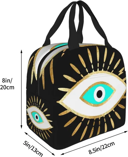 Vista 5 de Hamsa - Bolsa de almuerzo aislada con estampado de ojo malvado de ojo dorado para mujeres y hombres, reutilizable, duradera, impermeable, bolsa