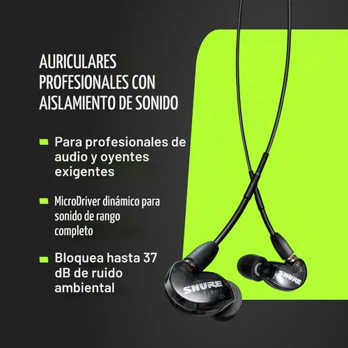 Vista 2 de Monitor SHURE SE215 Live Sound, Negro Professional in-ear monitors with deep bass, single dynamic driver, secure fit, detachable cable and